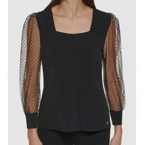 NWT Calvin Klein Black Long Sleeve Sheer Mesh Polka Dot Blouse Size M